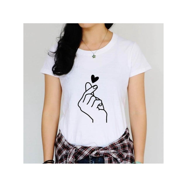 Camiseta de cuello redondo estilo vintage, 100 % algodón, largo regular, con estampado geométrico de corazones, ideal para verano, ropa ligera | Top con estampado geométrico | Camiseta con acabado bri