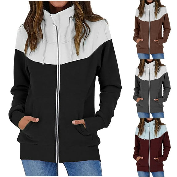 ATOYSOY Solid Color Tops Zipper Up Stand Collar Winter Trendy Loose Thicken Jackets with Pockets for Women Workout Casual Sweatshirts Long Sleeve Coat Black L