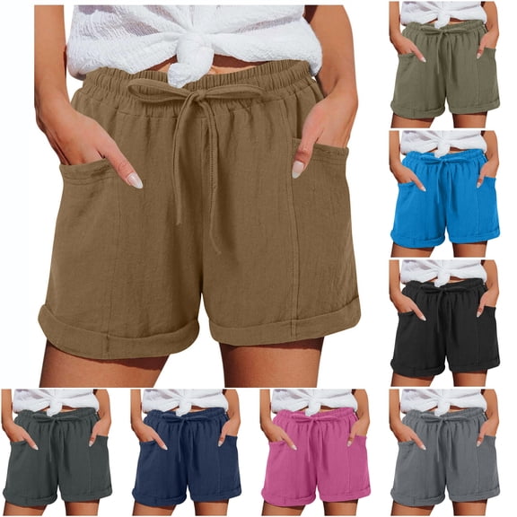 Cotton Bermuda Shorts for Women Plus Size High-Waisted Relaxed Fit Elastic Waist Drawstring Summer Beach Solid Color Shorts with Pockets Army Green L