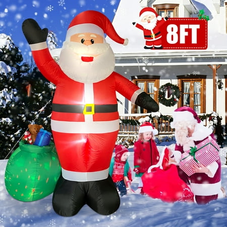 8 Ft Christmas Inflatable Santa Claus with Blow Up Gift Box Outdoor Decorations with Colorful LED Lights, Waterproof Xmas Family Inflatable Decor for Yard Lawn Garden Home Party Indoor Outdoor,Red