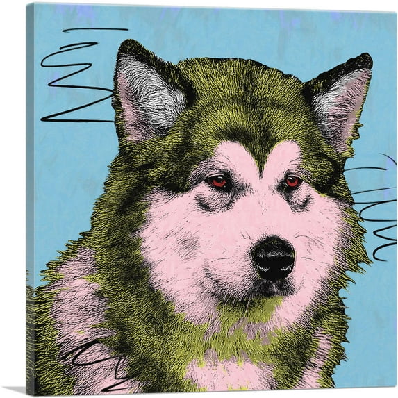 ARTCANVAS Alaskan Malamute Dog Breed Blue Pink Yellow Pop Art Canvas Art Print - Size: 18" x 18" (0.75" Deep)