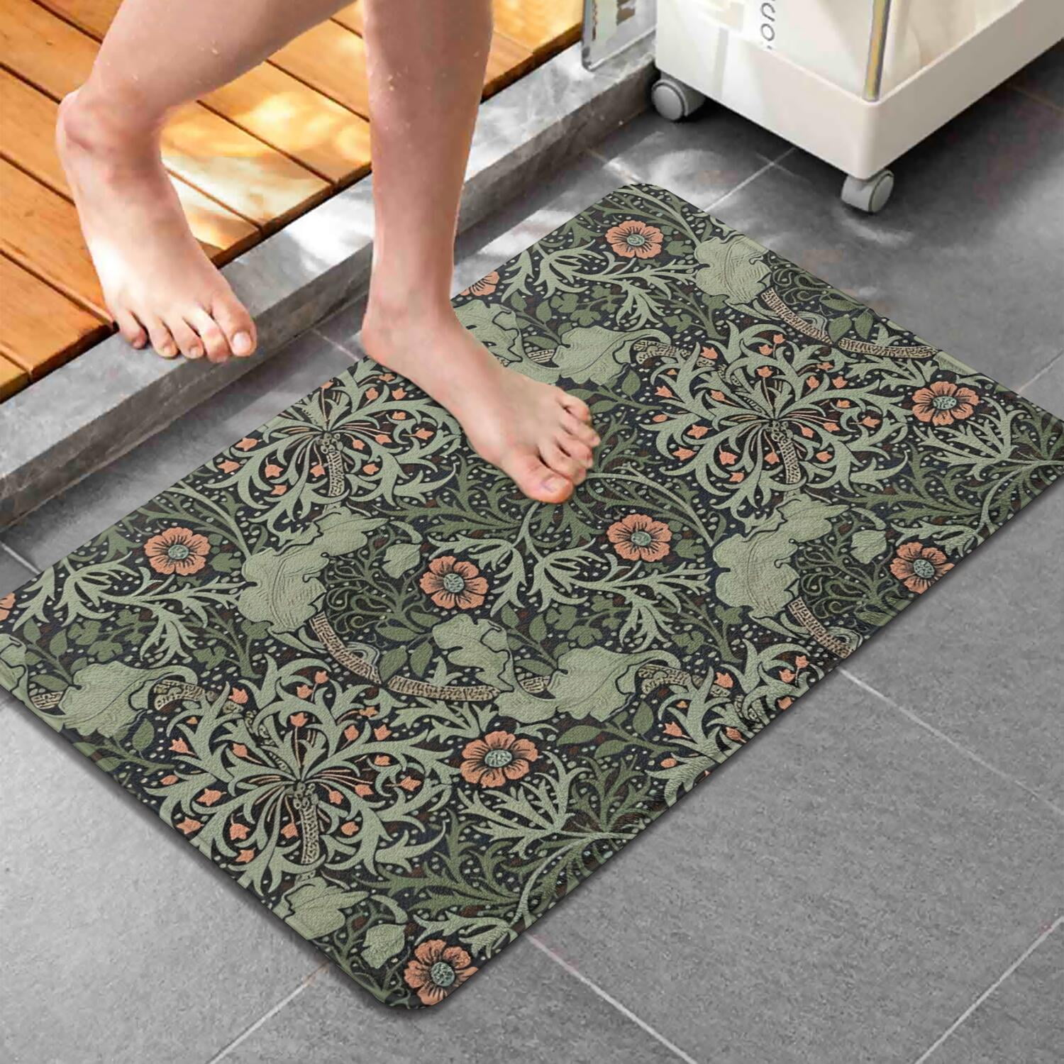 Green Pioneer Flower Pattern Bathroom Rugs Mat,Non Slip Microfiber Bathroom Rug,Rubber Backing,Soft Bathroom Mats for Bathroom Floor,Tub and Shower,20x32in(50x80cm)