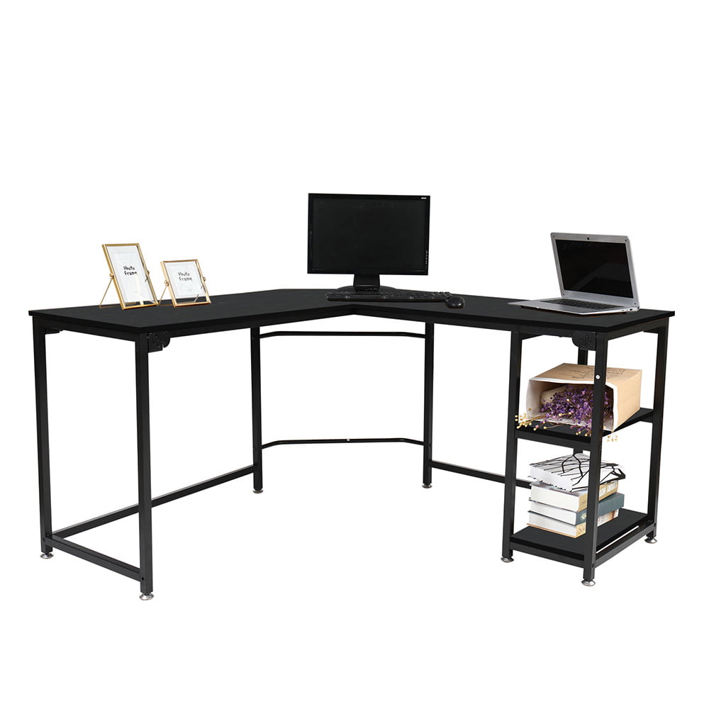 Black L-Shape Glass Corner Computer Desk Laptop PC Table Workstation Home Office 