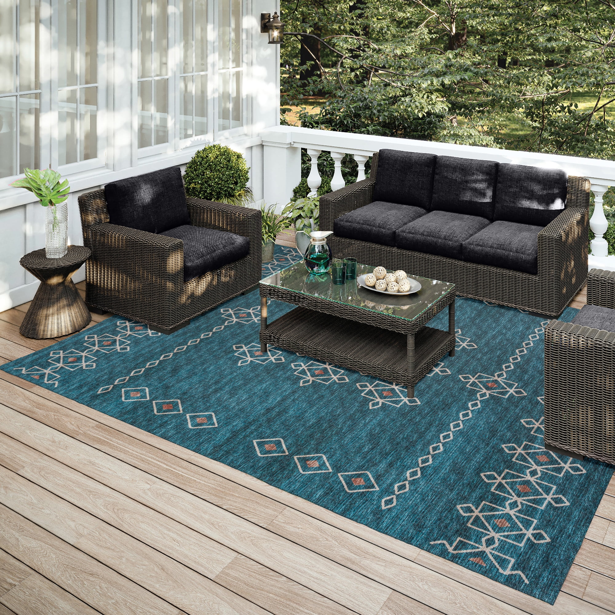 Yuma Indoor/Outdoor Blue Southwest 9' x 12' Non-Skid Area Rug