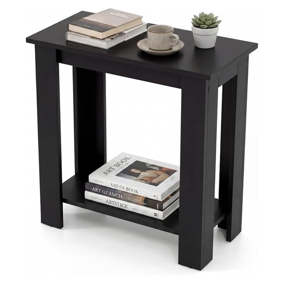 Sunshen 2-Tier Wooden Narrow End Table, Open Storage Side Nightstand, Retro Space Saving Sofa Accent Table for Living Room Bedroom, Easy Assembly (Black,1)