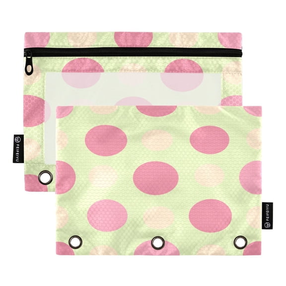 2 Pack 3 Ring Binder Pouch with Clear PVC Window Water Resistant Zipper Pencil Pouch Cream Pink Green Big Dots Binder Pocket for Classroom Office Home Stationery Organization