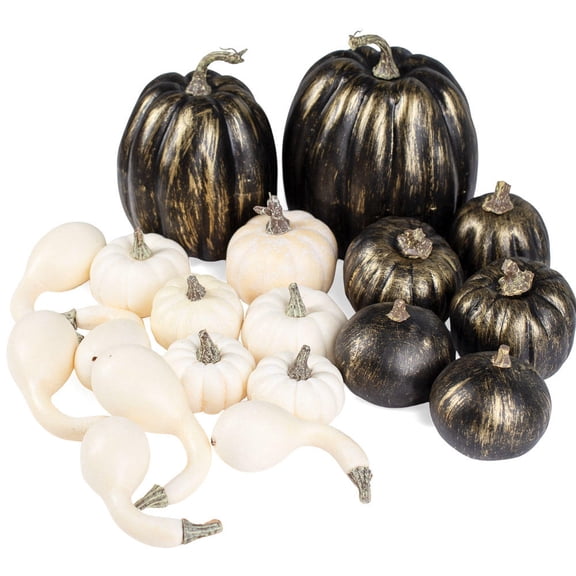 17pc Harvest White and Black Gold-Accented Pumpkin-Gourd Set - for Fall Decor - Factory Direct Craft