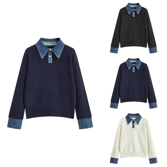 Women's Oversized Pullover Sweater, Casual Loose Knit Top with Denim Trim and Collar, Button-Up Style Long Sleeve Knit Shirt, Elegant Versatile Comfortable Soft Yarn