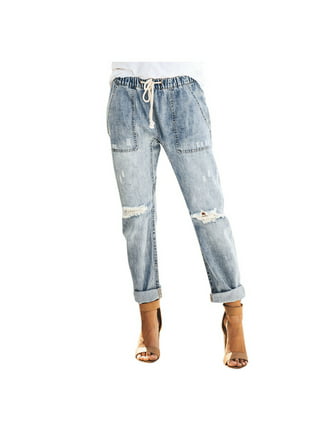 Elastic waist jeans female loose tied rope waist large pockets worn ni –  ebuytrends
