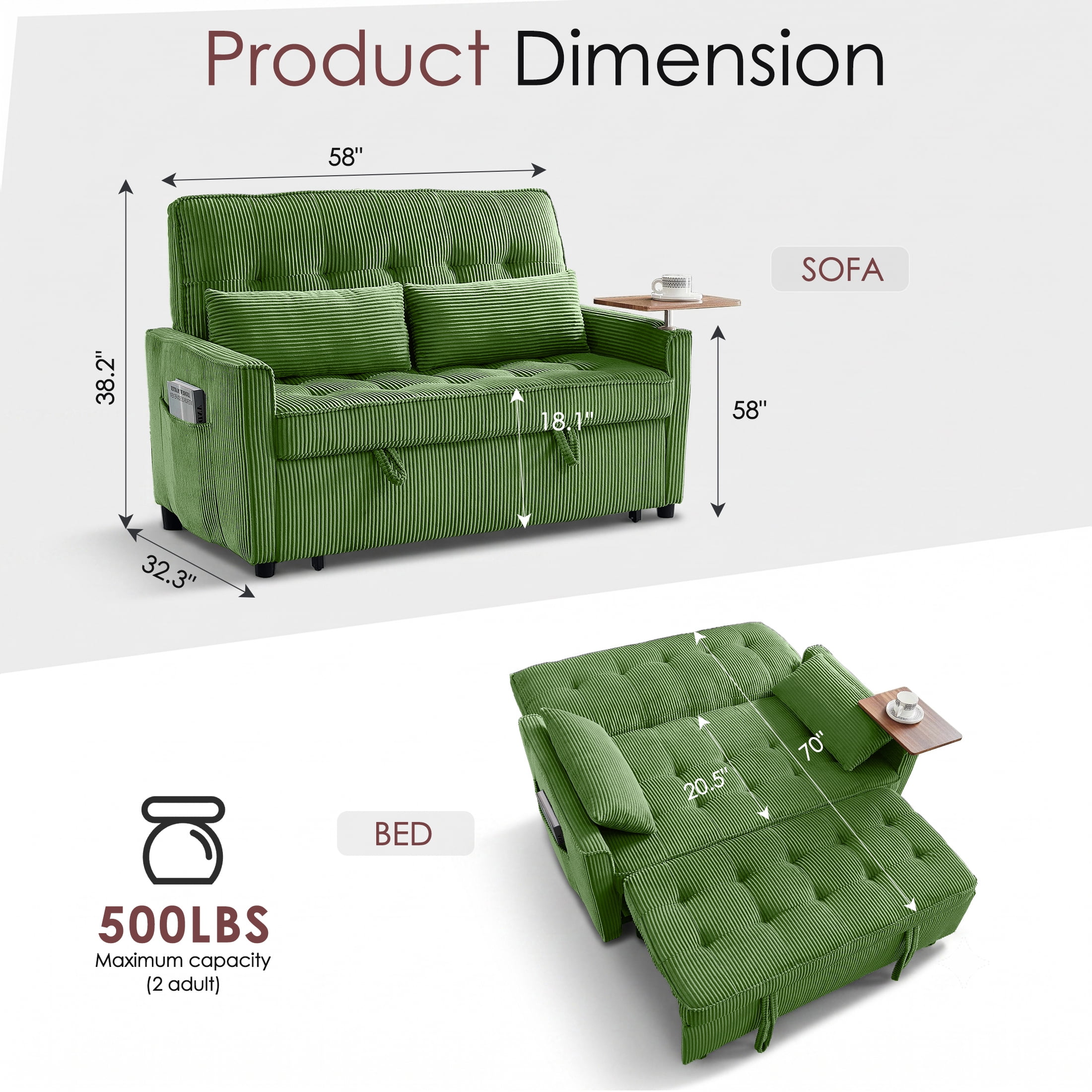 avobird 54'' 3 in 1 Pull Out Sofa Bed, Convertible Couch with Adjustable Backrest/Side Pockets/USB Charging Ports, Sleeper Sofa with small table for Living Room, Green