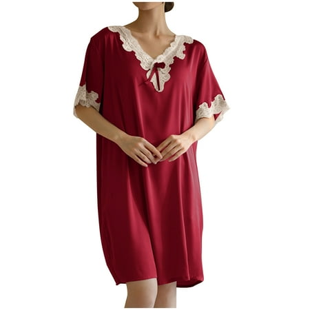 yievot Women s Chemise Nightgown Lace Trim Slip Lingerie Dress V Neck Short Sleeve Nightdress
