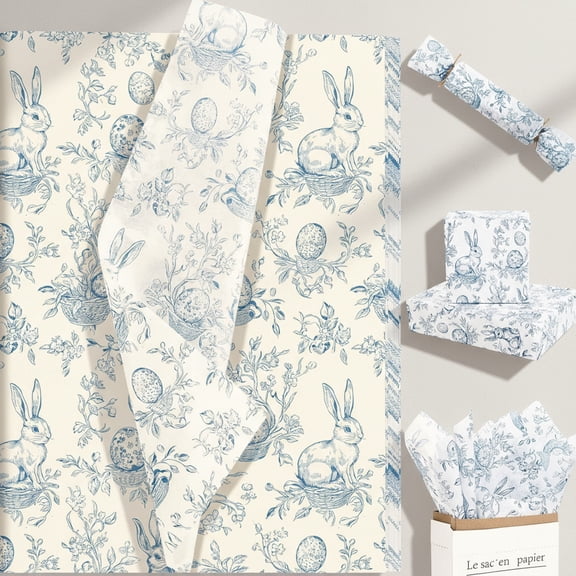 Easter Tissue Paper for Gift Wrapping, Vintage Blue White Bunny Floral Eggs Printed for Gift Bags, Decorative Art Tissue for Party DIY Crafts
