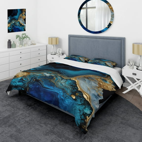 Designart "Golden and Azure Geode Marble IV" Abstract Marble Bedding Covert Set - Modern Blue Abstract Bed Set With 2 Shams