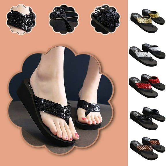 Jacenvly 2024 New Women's Summer Wedge Heel Flip Flops Sequin Slippers Beach Non-Slip Shoes Black Sandals for Women