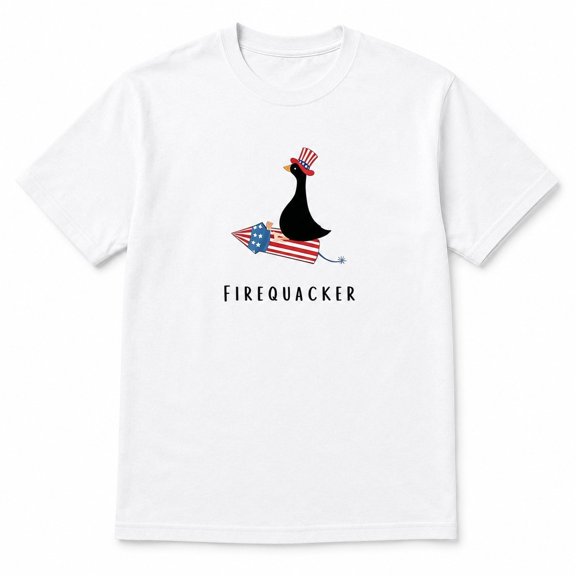 Veylor Haus Firequacker Funny 4th of July Goose, Patriotic USA Graphic, Unisex Cotton Summer Shirt