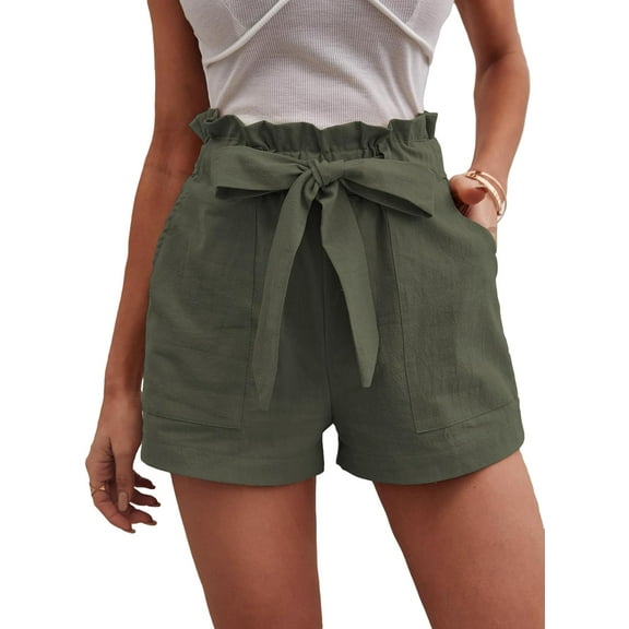 Women's Casual Wide Leg Shorts Solid Paper Bag High Waist Belted Shorts