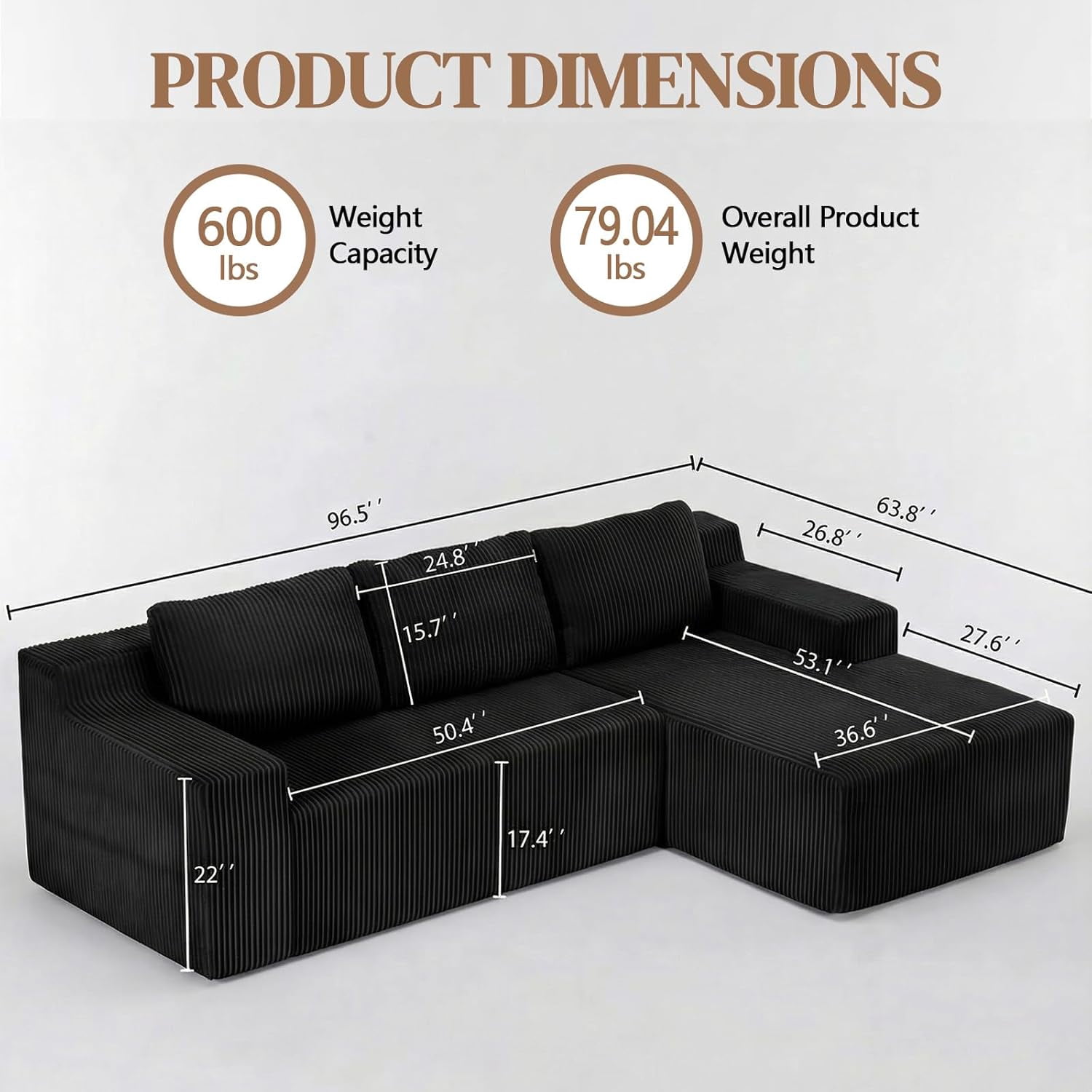 96.5" Corduroy Modular L Shaped Sectional Sofa for Living Room Bedroom, No Assembly, Black