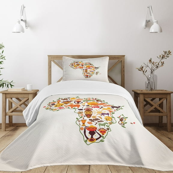 Ambesonne African Quilted Bedspread Set 2 Pcs, Travel Map Arts, Twin Size, Multicolor