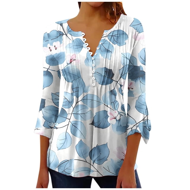 Camisetas de Cuello en V Mujeres, Impreso 3/4 Manga Blusa Casual Hecha de Cómodo Estante de Imitación para Toda la Temporada de Uso Diario, Camisetas Casuales de Mujer