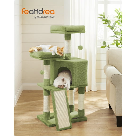 45.3-Inch Cat Tower with Scratching Ramp, Multi-Level Cat Condo with Spacious Cave & 2 Perches, 110 lb Capacity for Adult Cats Kittens, Grass Green