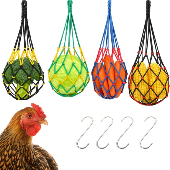 4PCS Chicken Vegetable Hanging Feeder Treat Holder, Hanging Chicken Feeder Bags with 4 Stainless Steel S Hooks, Food Net Poultry Feeding Toy for Chicken Coop Accessories