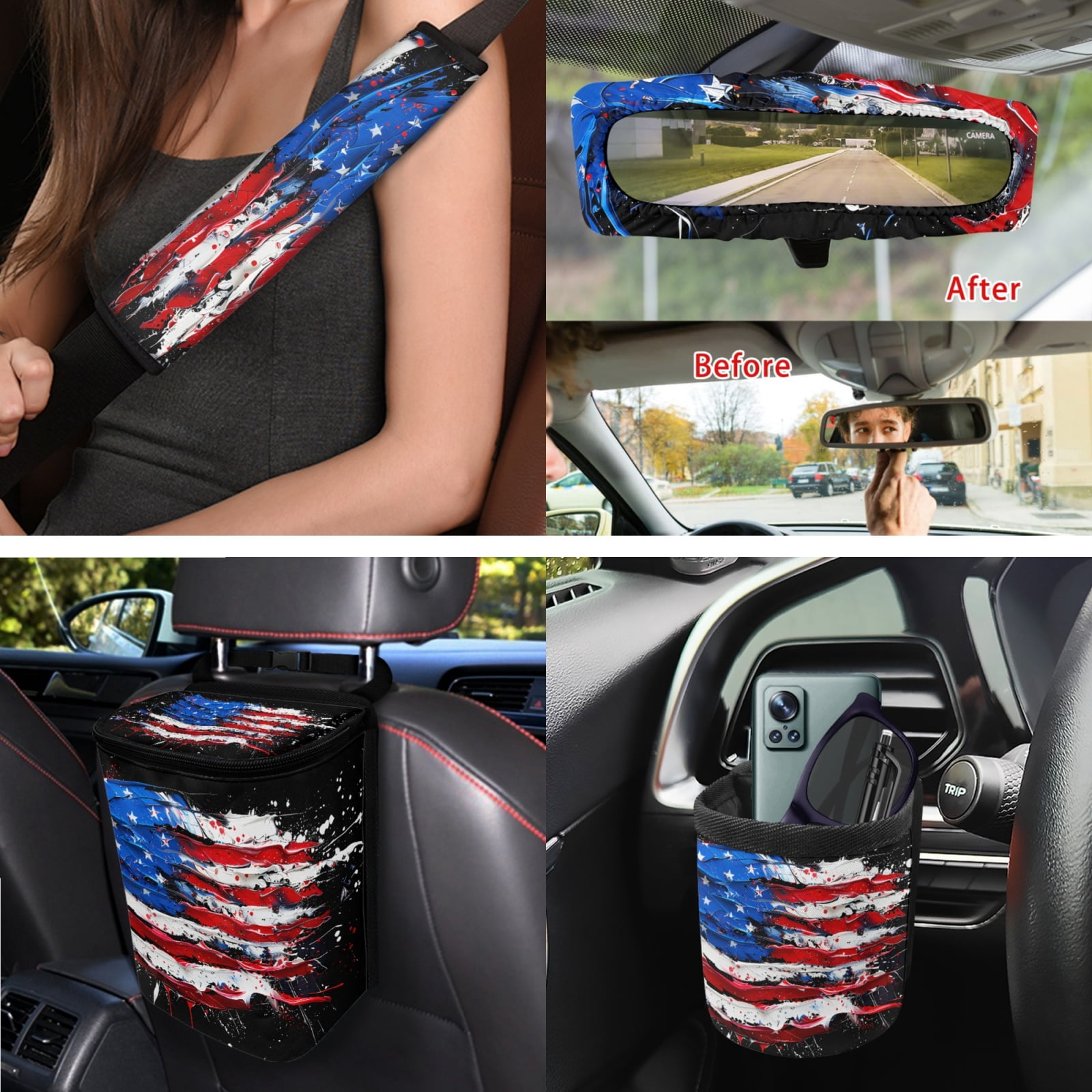 Yuyamidu 15 Piece American Flag Car Seat Covers Full Set with Auto Steering Wheel Cover Seat Belt Strap Protector Cup Holder Trash Bag Air Vent Storage Pocket Rearview Protector Wristlet Keychain