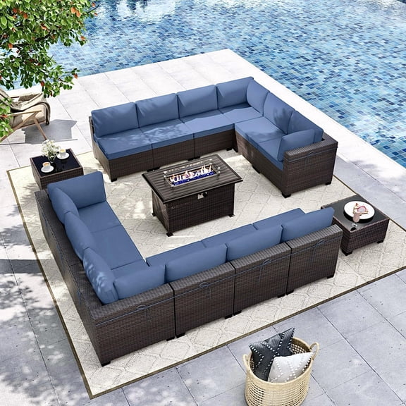 Gotland 15 Pieces Outdoor Patio Furniture Set with Propane Fire Pit Table Outdoor Sectional Sofa Sets Patio Furniture 43" Gas Fire Pit PE Rattan Patio Conversation Set (Navy Blue)