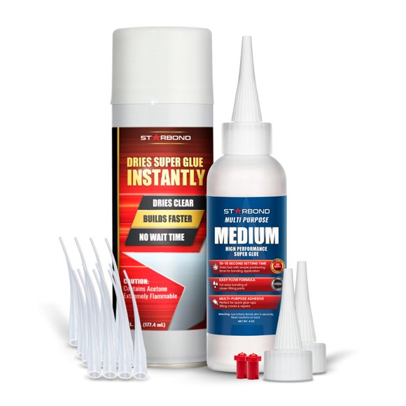 Starbond 4 oz Medium CA Glue with 6 oz Activator Bundle, Premium Cyanoacrylate Super Glue, for Quick Repair, Woodworking, Woodturning, Hobby Models