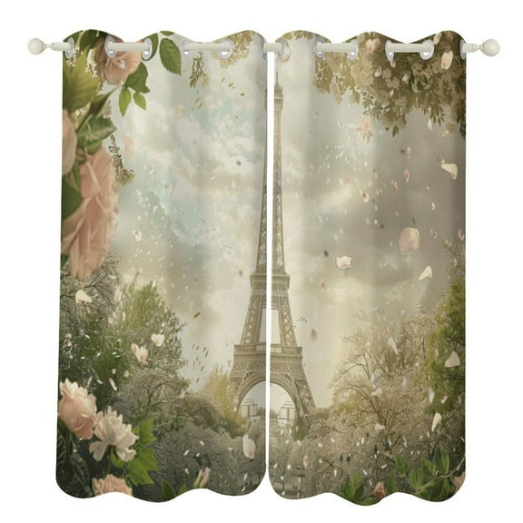 Blossoming Paris Eiffel Tower Curtains Watercolor Theme Window Curtains Grommet Blackout Drapes for Living Room Bedroom