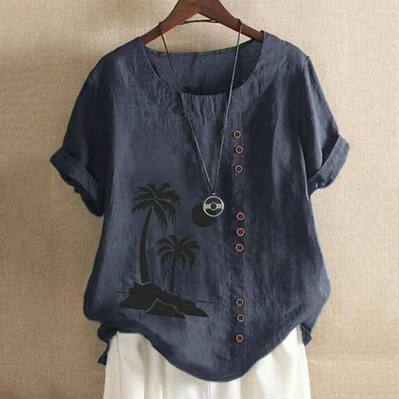 PBNBP Linen Shirts for Women,Womens Casual Cotton And Linen Solid Short Sleeves T-Shirt Blouse Tops