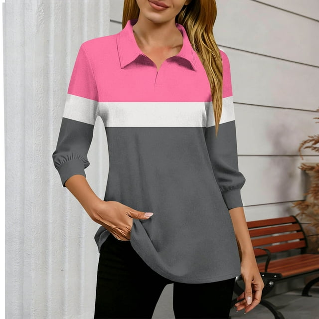TaTaai 3/4 Sleeve V Neck Top for Women, Slim Fit Printed Fall Blouse, Casual Stretchy Fashion Wear, Elegant Daily Tops Gift