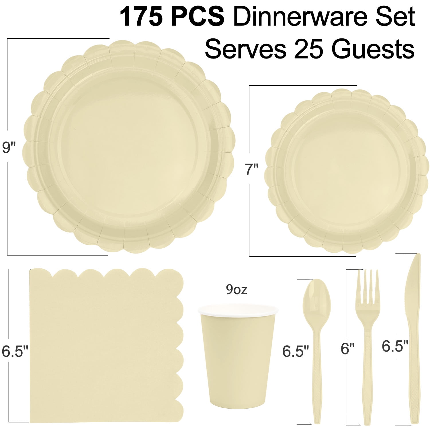 Inadays 175Pcs Disposable Party Supplies Includes Beige Paper Plates Cup Napkins Forks Spoons Knives, Dinnerware Set for Garden Party Birthday BBQ Baby Shower Wedding, Serve 25 Guests