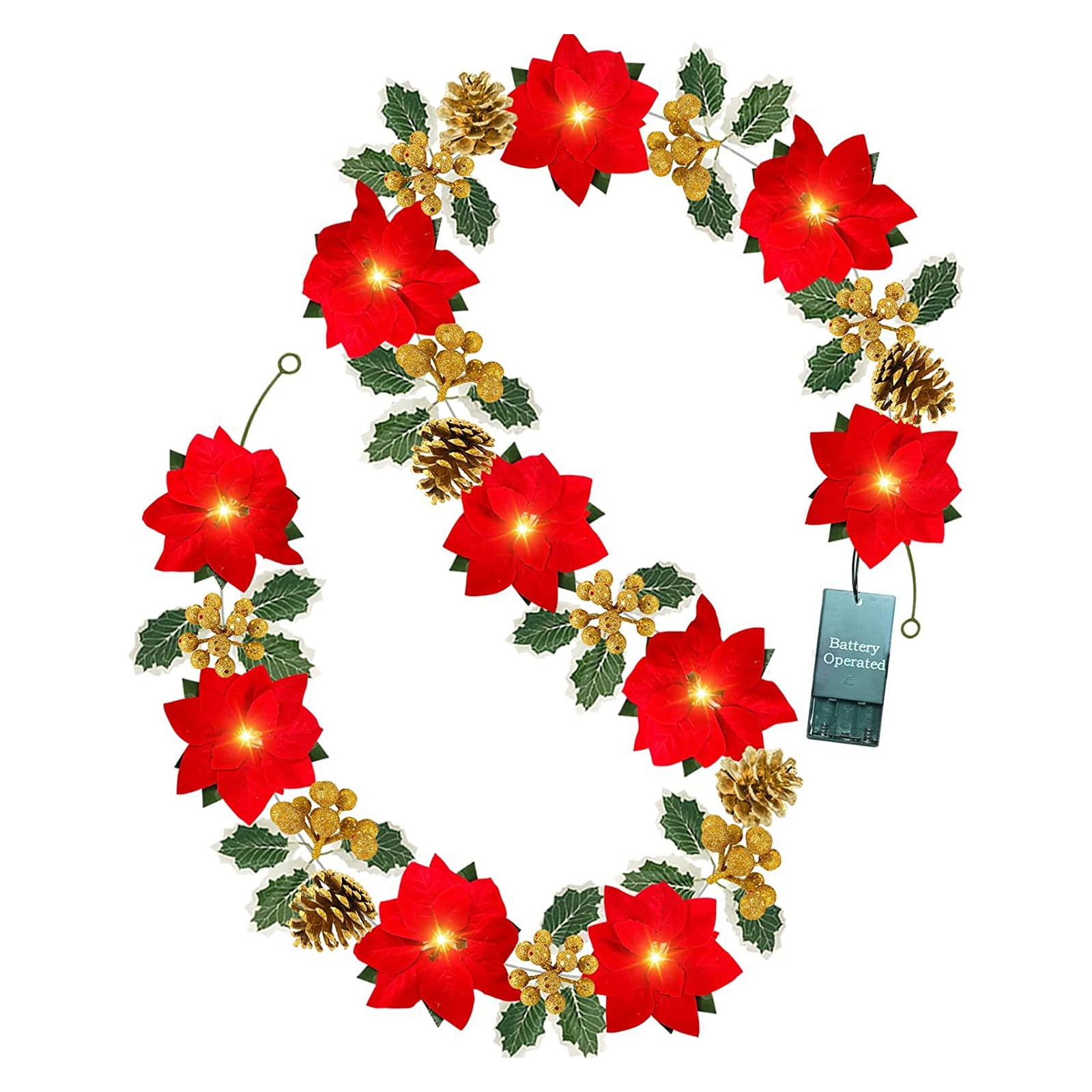 Morttic 6.6ft Christmas Poinsettia Garland with 10 LED Lights, Gold Berry, Pinecones, Artificial
