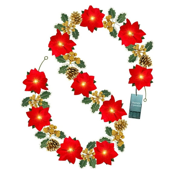 Morttic 6.6ft Christmas Poinsettia Garland with 10 LED Lights, Gold Berry, Pinecones, Artificial Xmas Decorations Garland for Indoor Outdoor Xmas New Year Christmas Tree Decoration