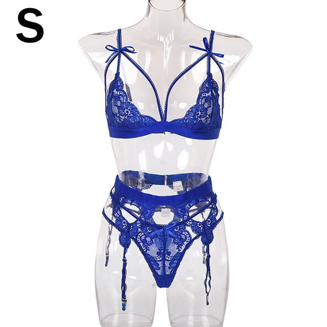 Conjunto de ropa interior de encaje floral de 3 piezas para mujer, sujetador sexy, bragas, liguero, azul, S Speravity XX000052-06