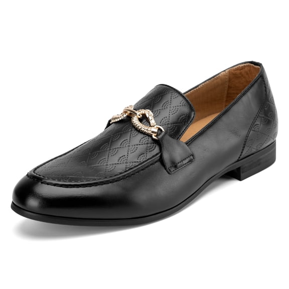 Men's Leather Faux Leather Loafers Wedding Dress Shoes Black Men's Gold Buckle, Black-10, 11 US