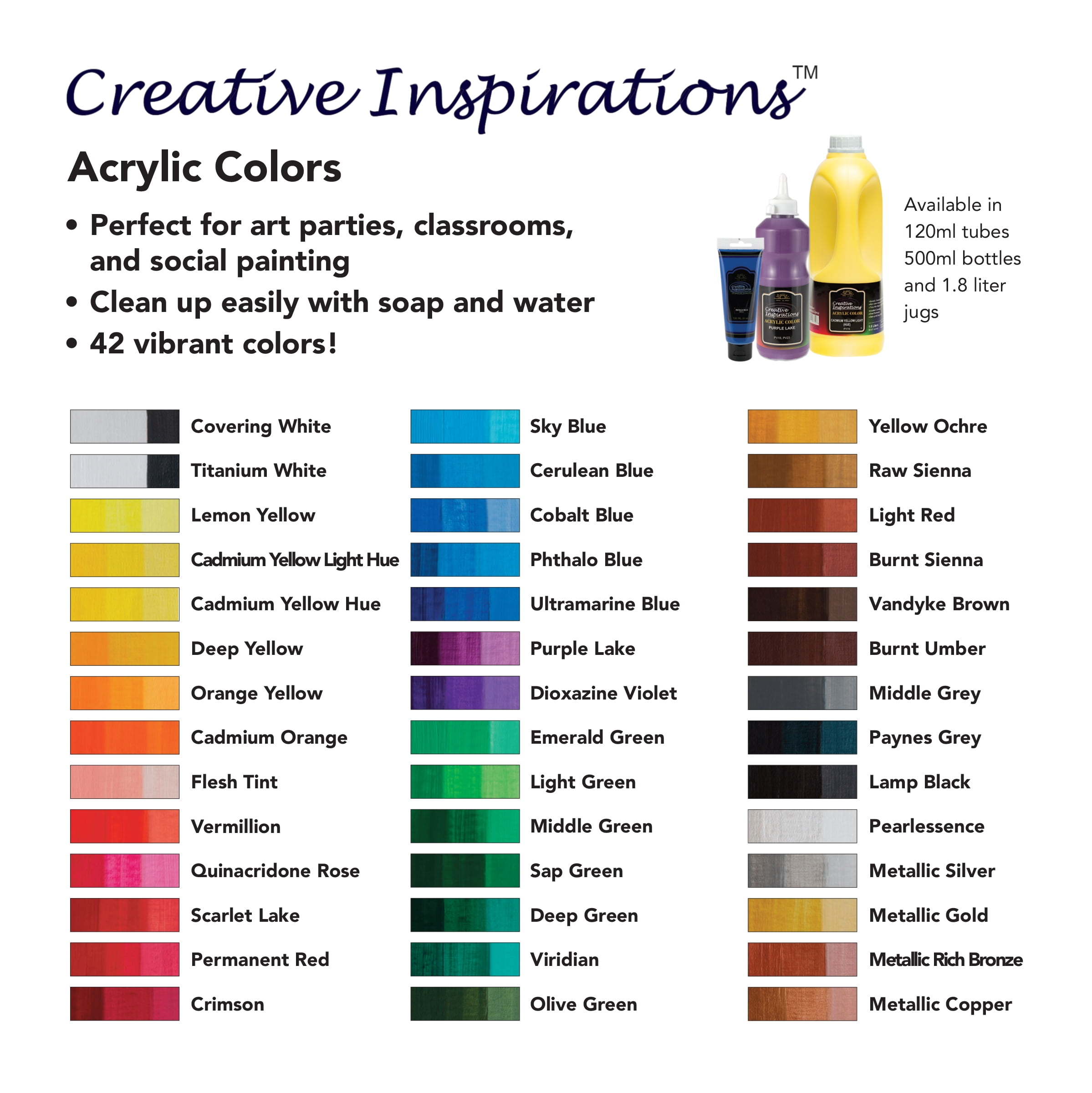Creative Inspirations Acrylic Paint Metallic and Pearlescent Set of 5, 120mL Tubes, Smooth & Creamy Consistency, Vibrant Pigmentation, Great Coverage for Artists - Clean Up with Soap & Water