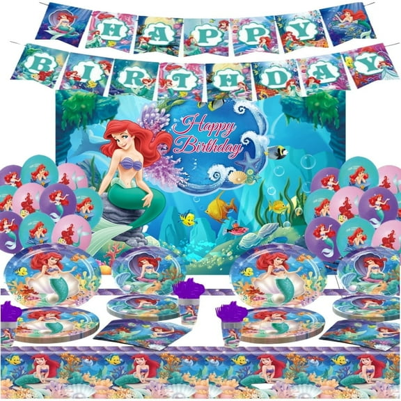 Ariel Princess Theme Party Decorations Tableware Set , 125PCS Anime Birthday Plates and Cups Napkins Tablecloth Avenger Birthday Decorations Tableware