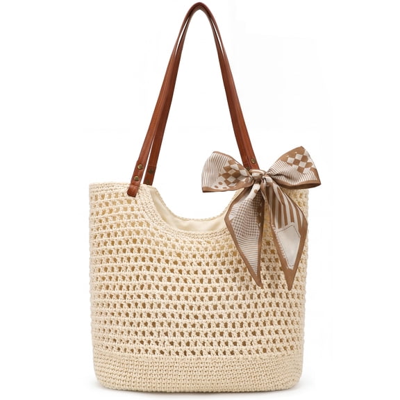 SUOSDEY Crochet Beach Bag for Women with Zipper,Summer Straw Beach Tote Bag Woven Boho Shoulder Bag for Vacation