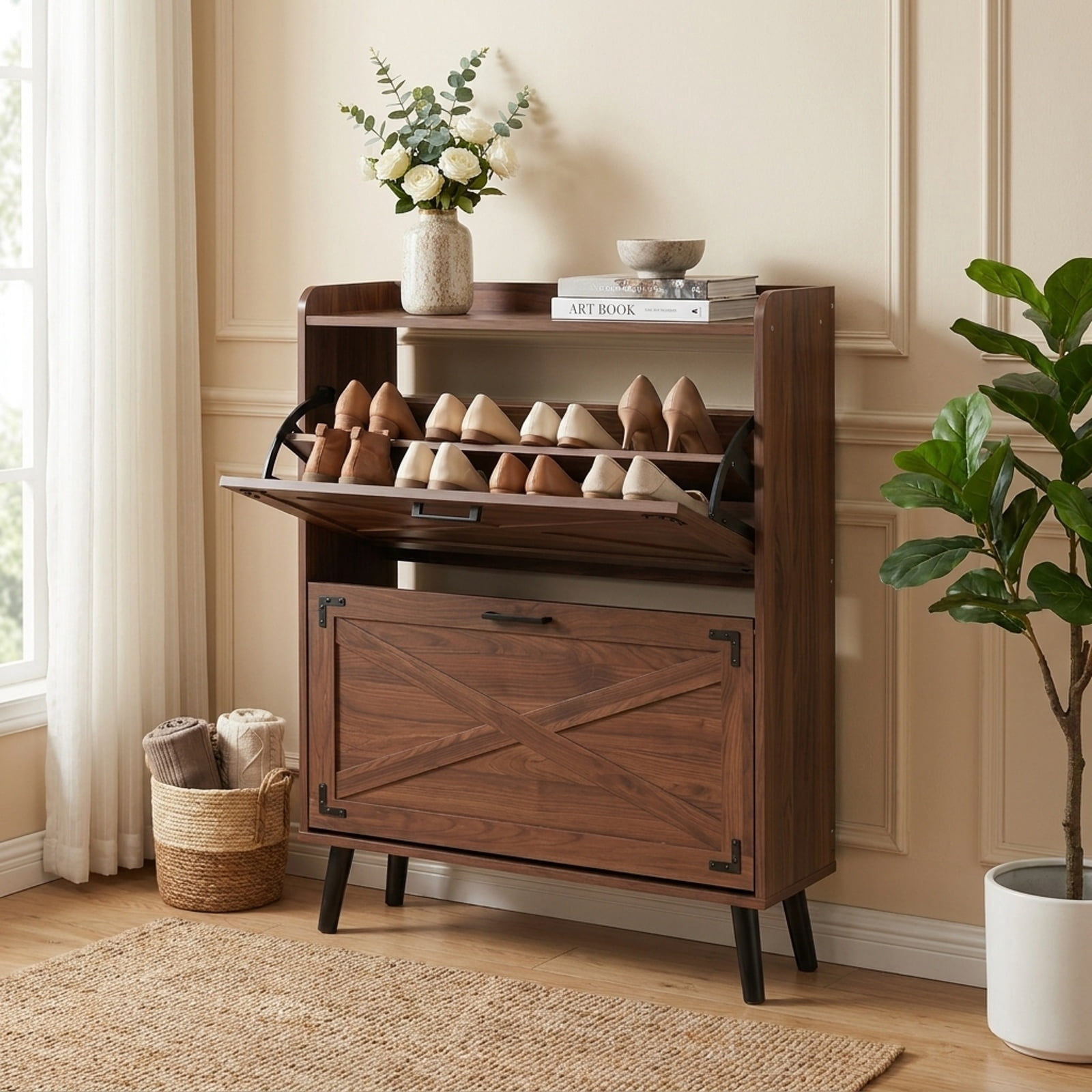 Furnibear Narrow Shoe Cabinet with 2 Flip Drawers Adjustable Removable Shelves and Barn Door Accents for Entryway and Hallway, Brown