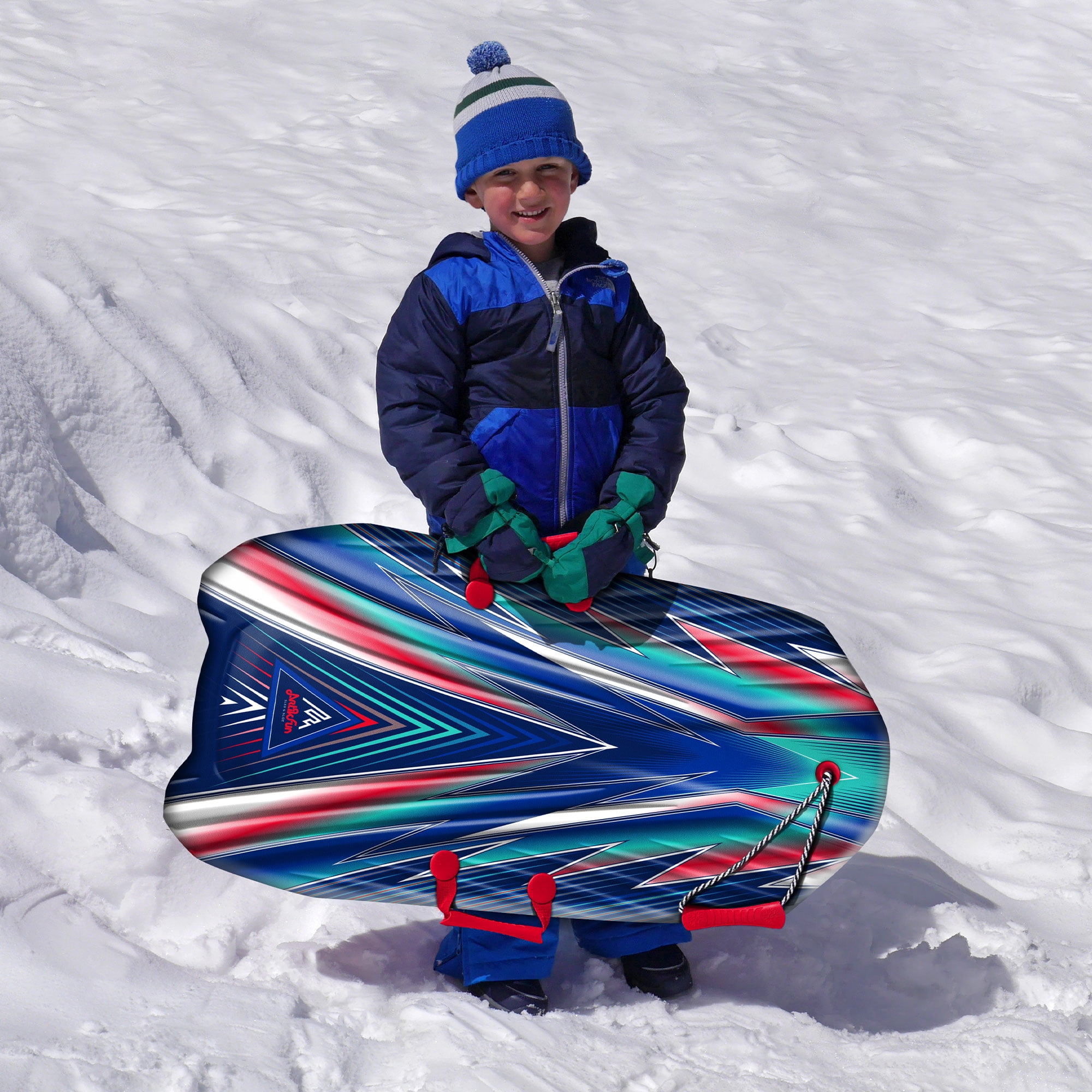 ArtikFun 36in Mirage Snow Sled - Lightweight Blue and Red Soft Foam Sled with Tow Rope and Handles for Kids and Youth