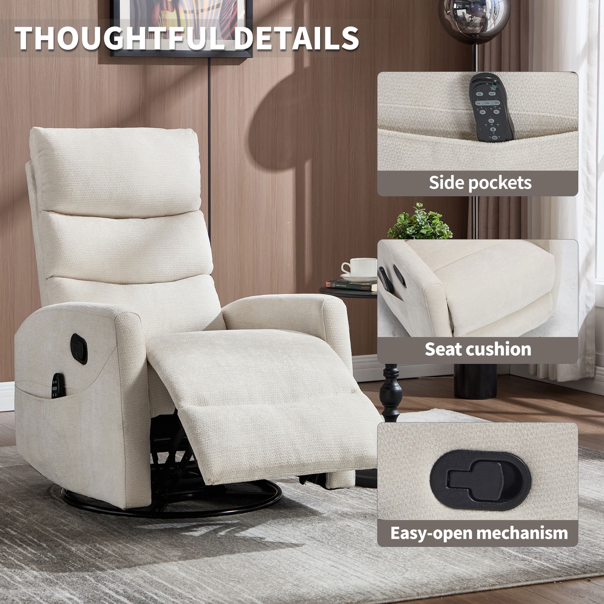 MAYEERTY 360 Degree Swivel Rocker Recliner Chair, Manual Recline Glider Chair with 8-Point Vibration Massage & Lumbar Heat, for Living Room Nursery Bedroom