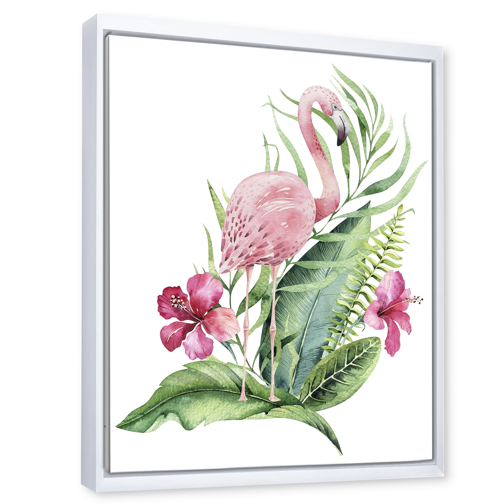 Designart 'Flamingo With Pink Flowers and Exotic Foliage' Traditional Framed Canvas Wall Art Print