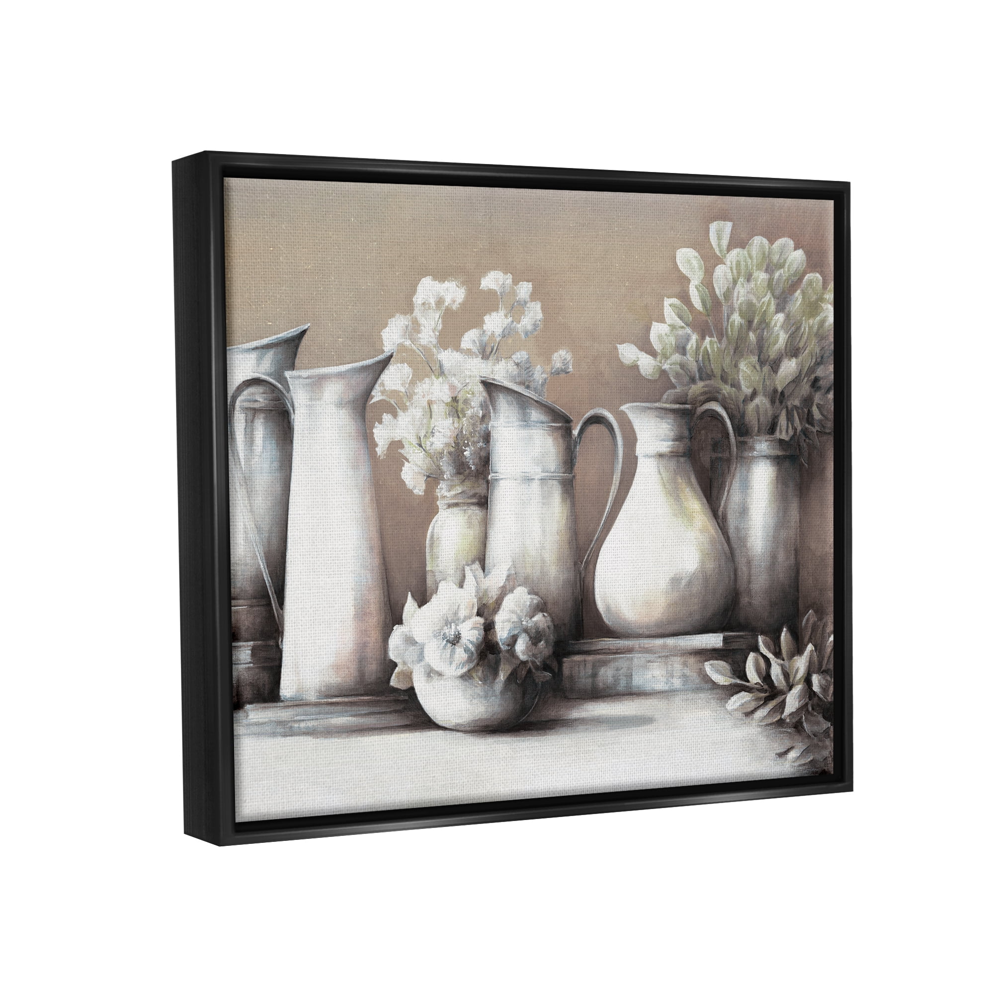 Stupell Industries Classic Flower Arrangement Country Water Jug Painting Painting Jet Black Floating Framed Canvas Print Wall Art, Design by White Ladder