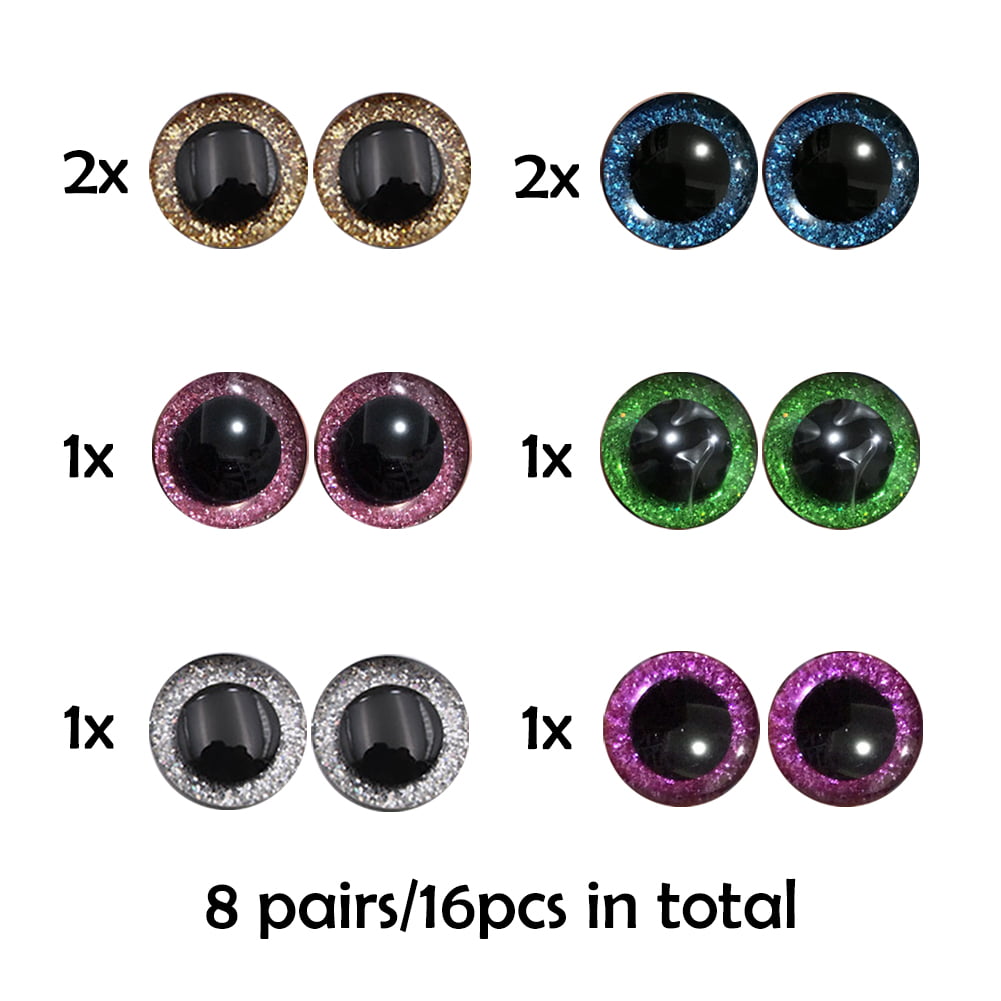 MAGIMODAC 16 Pcs 6 Color Plastic Safety Eyes 9mm 12mm 14mm 16mm 18mm 20mm  25mm Premium Round Eyes with Glitter Circle and Washers for Stuffed Doll  Teddy Bear Puppet Toy Plush Animal