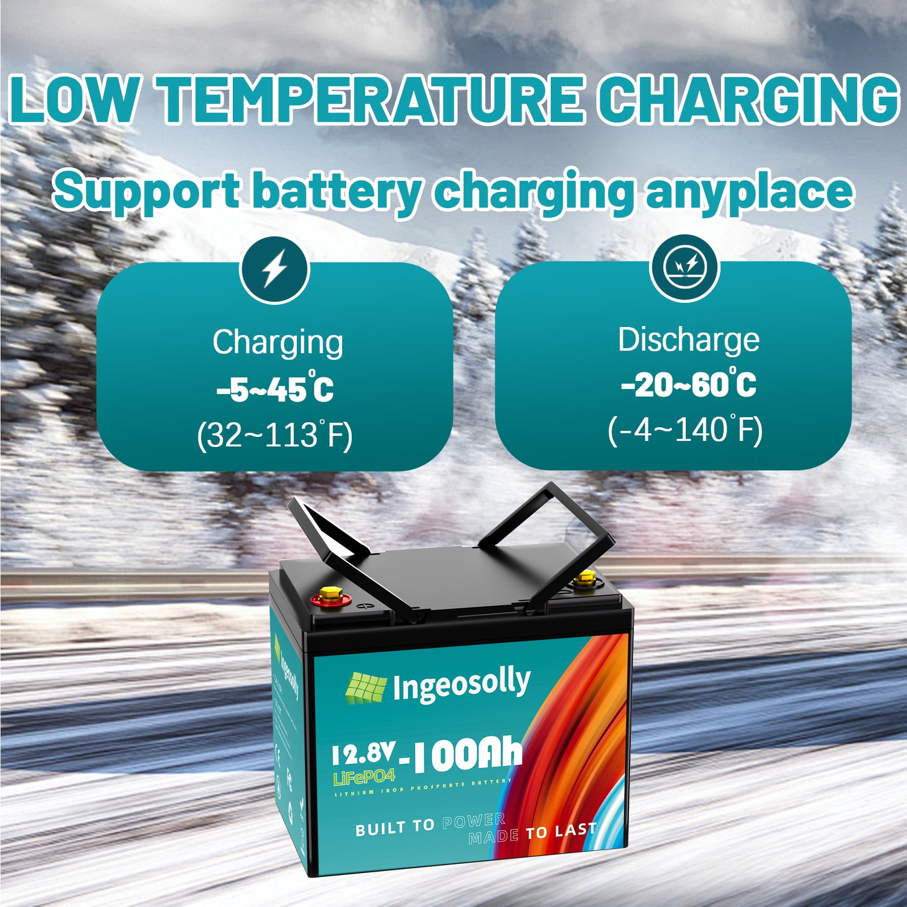12V 100Ah Mini LiFePO4 Lithium Battery,100A BMS,for RVs,Solar,Backup Power,Trolling Motor,Ingeosolly Group 24 Battery