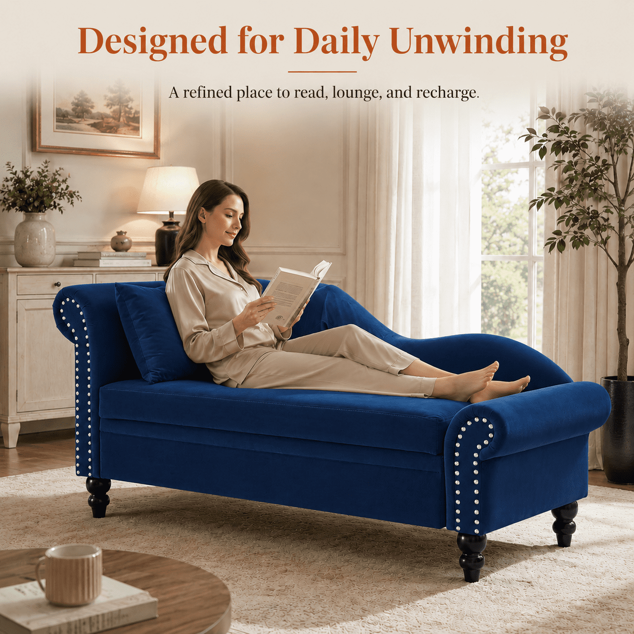 Aukfa 64.5" Modern Velvet Chaise Lounge with Storage, Left Armrest Lounge Sofa with Silver Nailhead Trim & Lumbar Pillow,Navy Blue