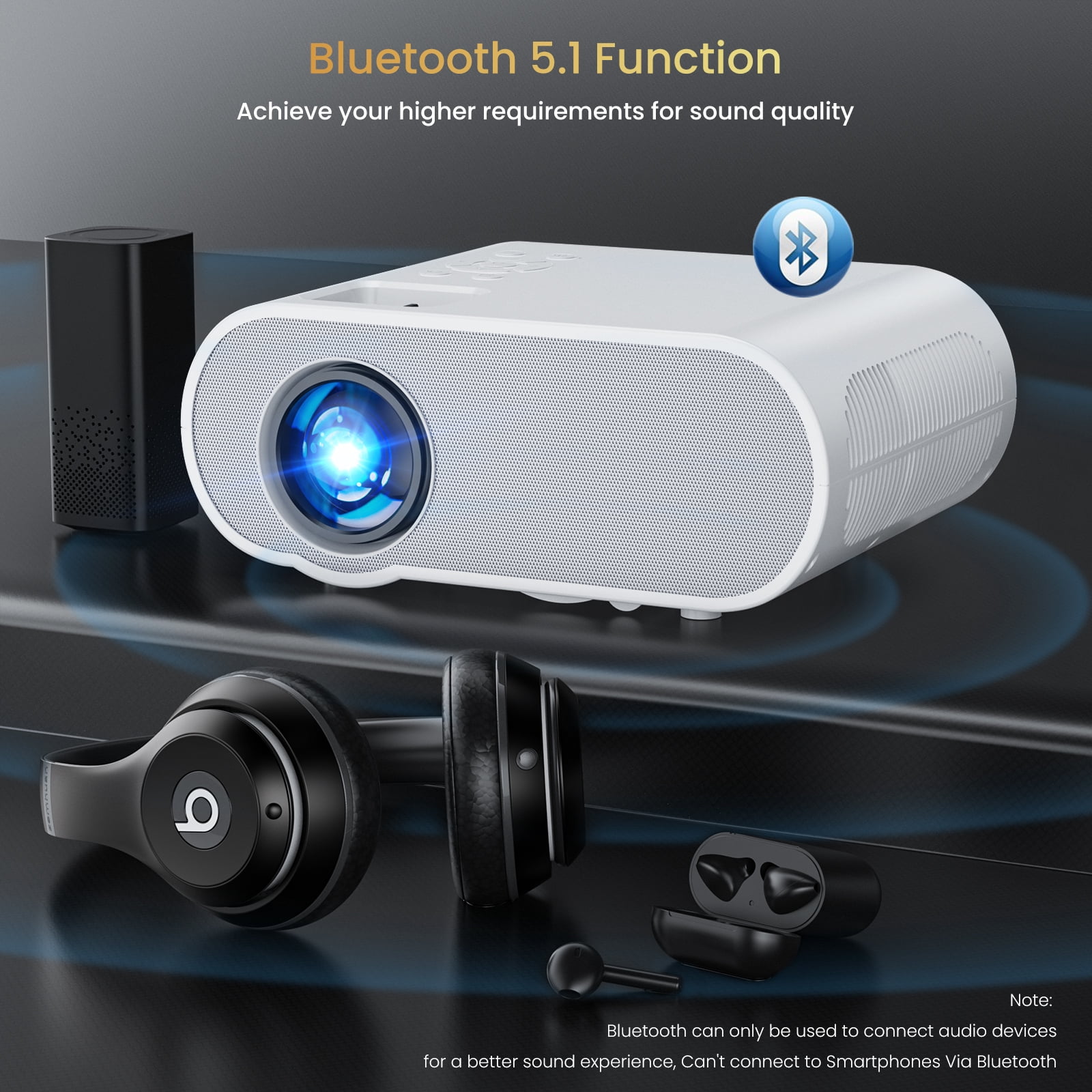 AUOSHI Native 1080P Full HD Bluetooth Projector with Speaker Movie Projector with Wifi and Bluetooth Compatible with Laptop, Smartphone, TV Stick, Xbox, PS5