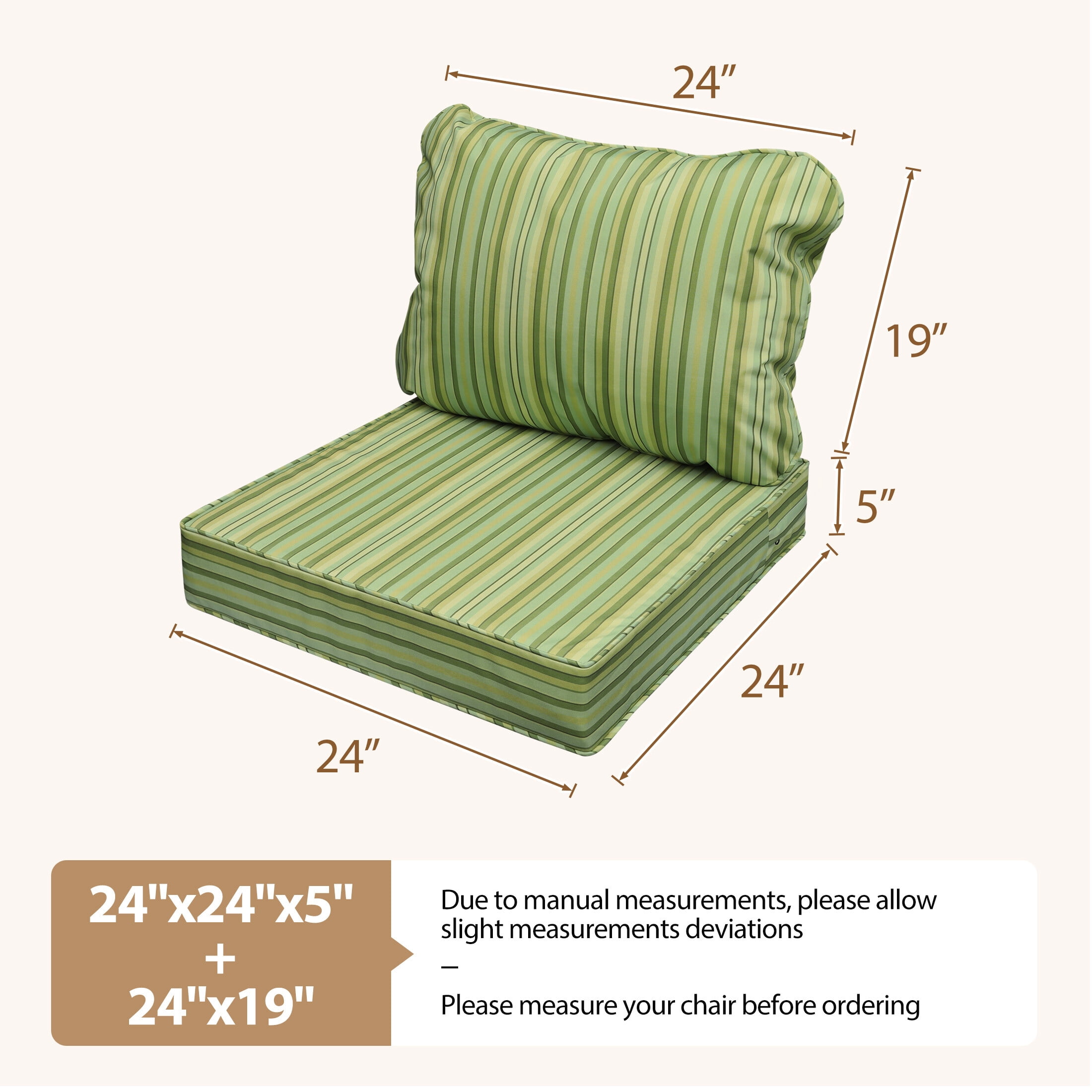 24 x 24 Waterproof Outdoor Deep Seat Cushion for Patio Furniture Cushion Replacement, Narrow Stripes Green