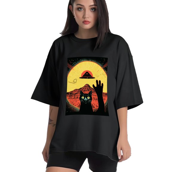 Plus Size Shirt for Women Black Tops for Women Short Sleeves Shirt for Women Retro Black Cat T Shirt Crewneck Shirt for Women XS